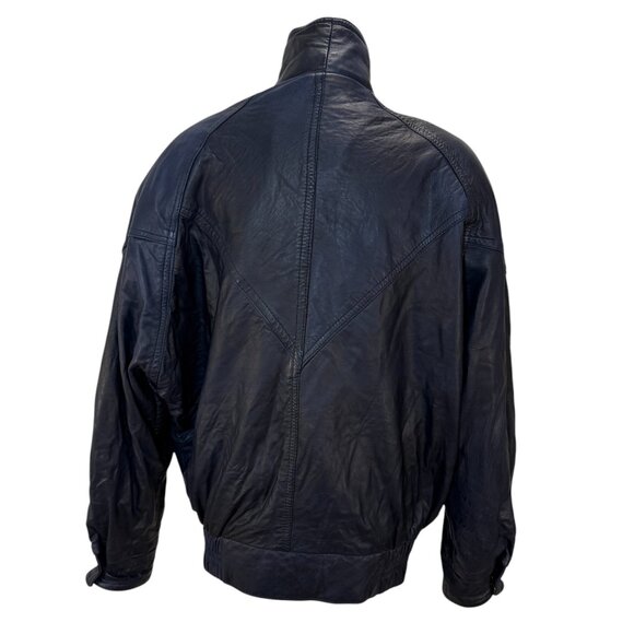 Vintage Navy Blue Leather Bomber Jacket, Shoulder Pads, Retro Outerwear - Picture 5 of 5
